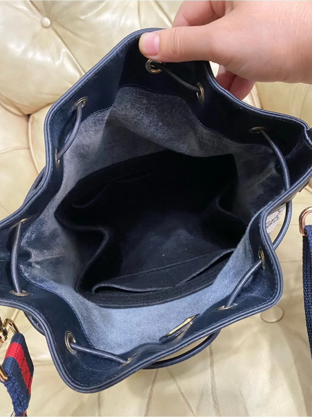 LARGE Gucci Drawstring Bucket Bag Vintage Sherry GG Monogram Web Stripe Added